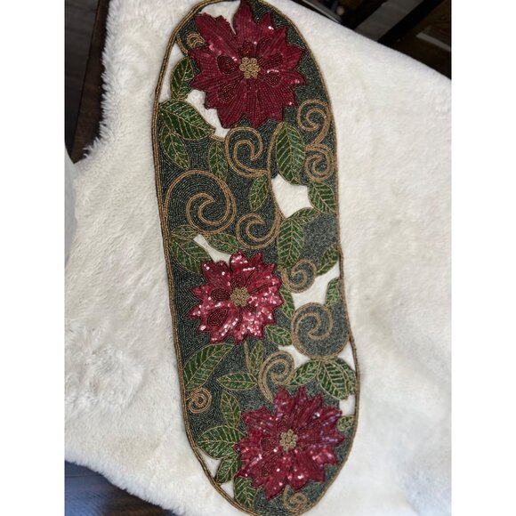 Pier 1 Imports Beaded Poinsettia Table Runner 13" X 36"  Polyester - Picture 2 of 9